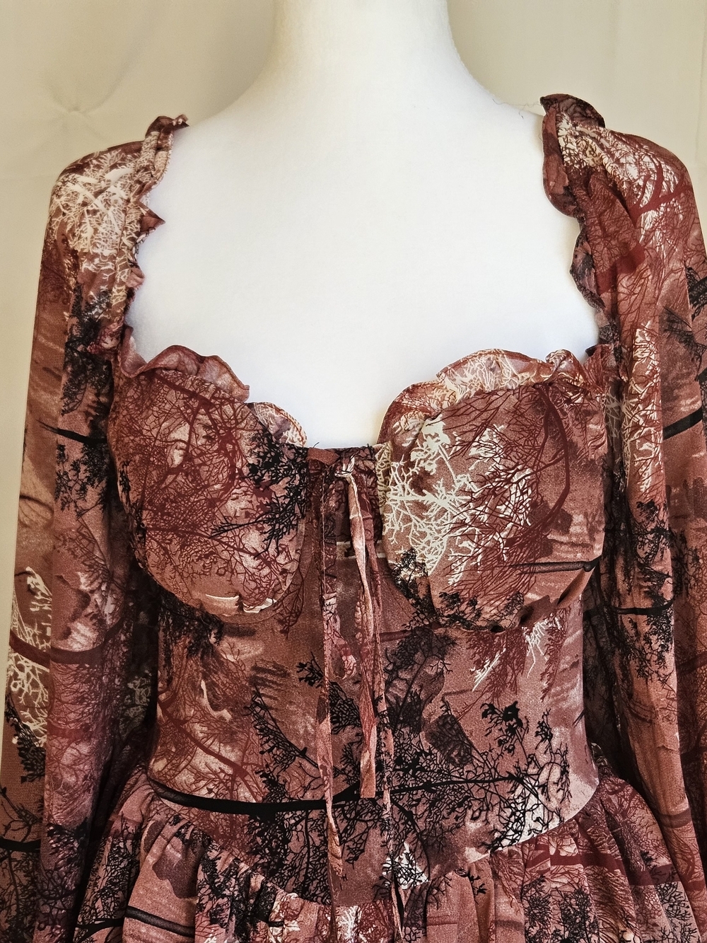 Cottagecore Forest Print Skort Romper Dress Long Sleeve Brown Size S/M NWT - Picture 3 of 14